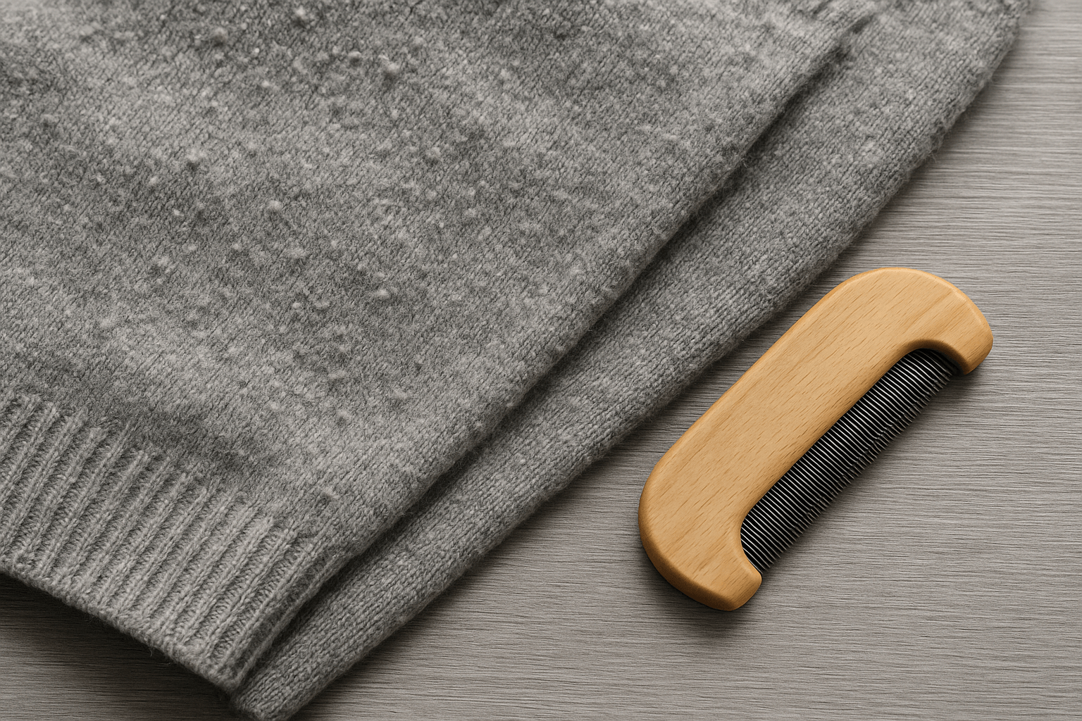 A high-quality wool comb next to a pilled merino sweater